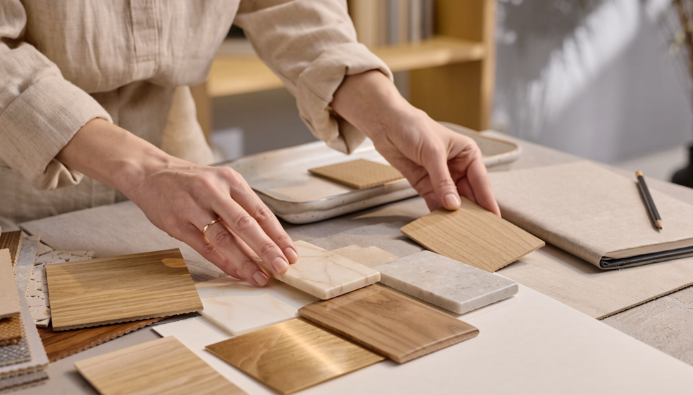 Person selecting interior design finishes.