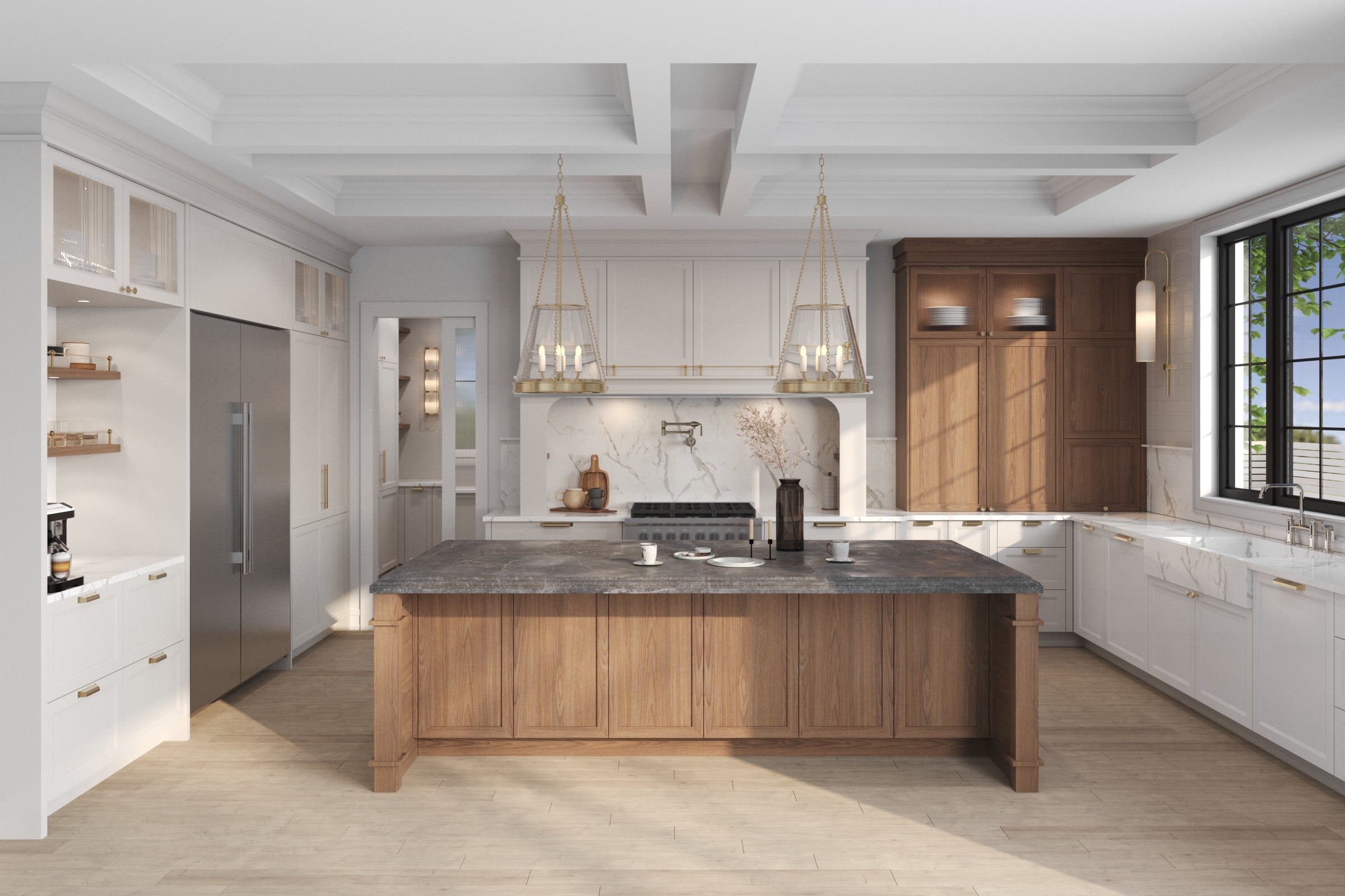 Modern kitchen with wooden island and pendant lights