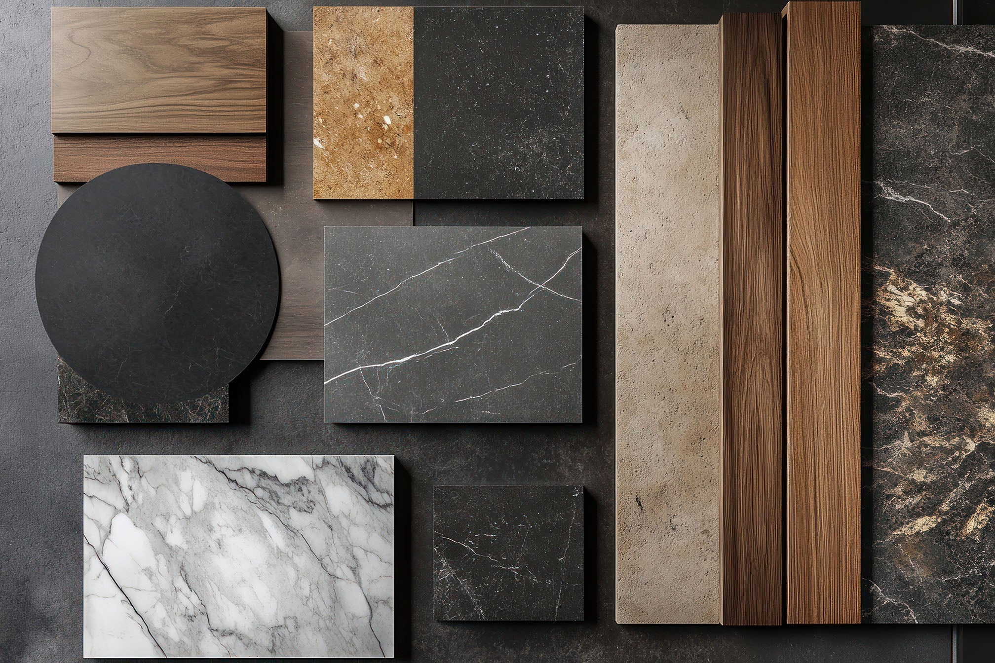 Collection of various stone and wood samples on a dark background