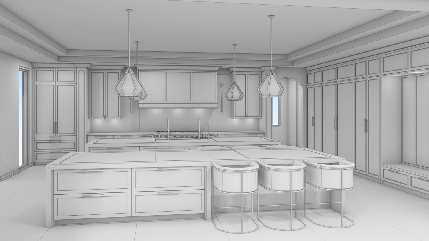 Landscape Image Size of Line drawing of a modern kitchen with island, cabinets, and pendant lights.