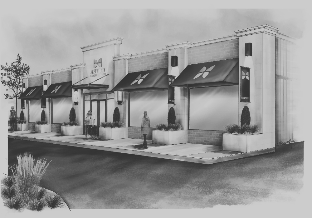 Pencil sketch of a row of shops with 'H' logos on awnings.