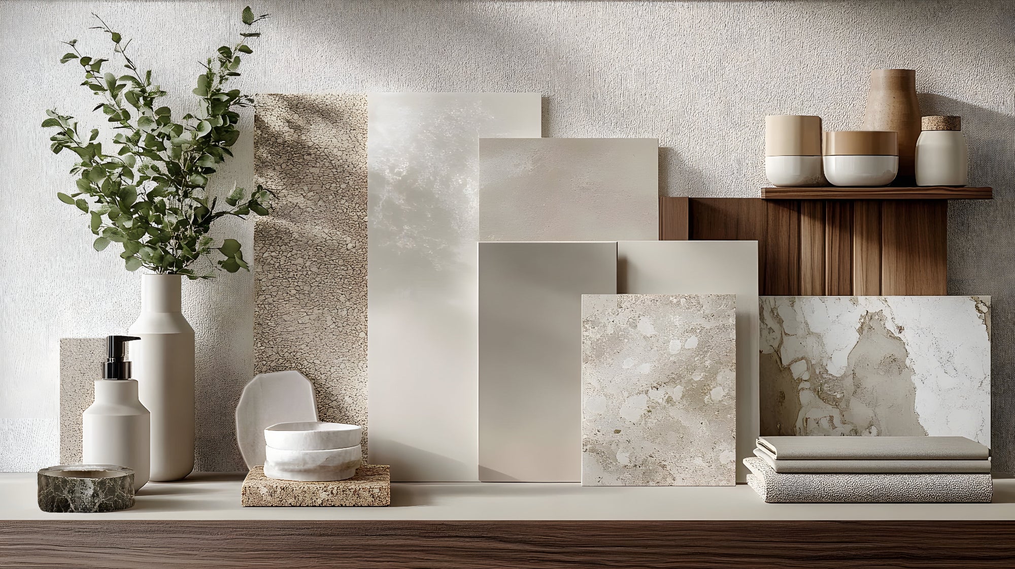 Collection of ceramic tiles and decorative items on a shelf against a neutral wall.