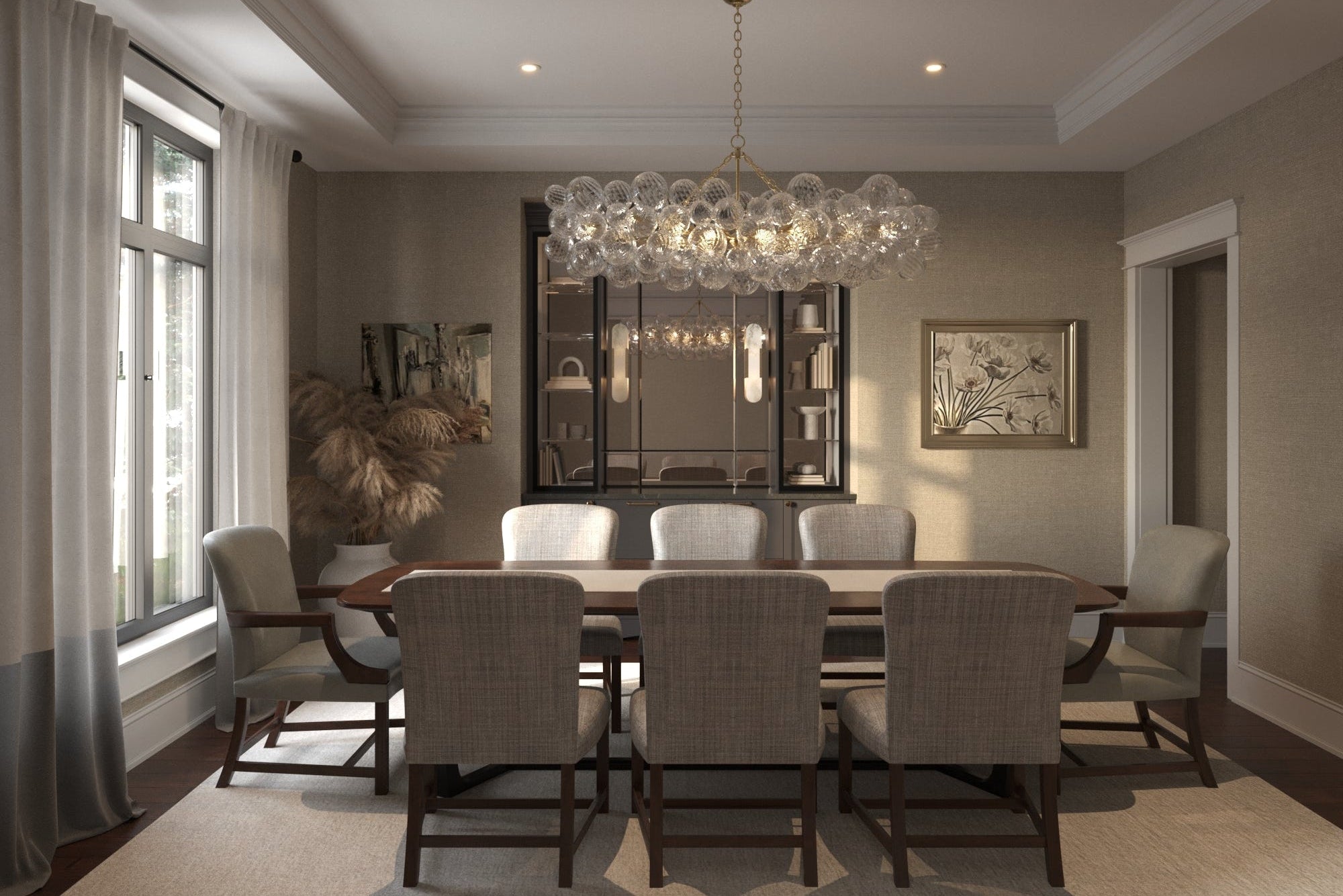 Modern dining room with a chandelier, table, and chairs.