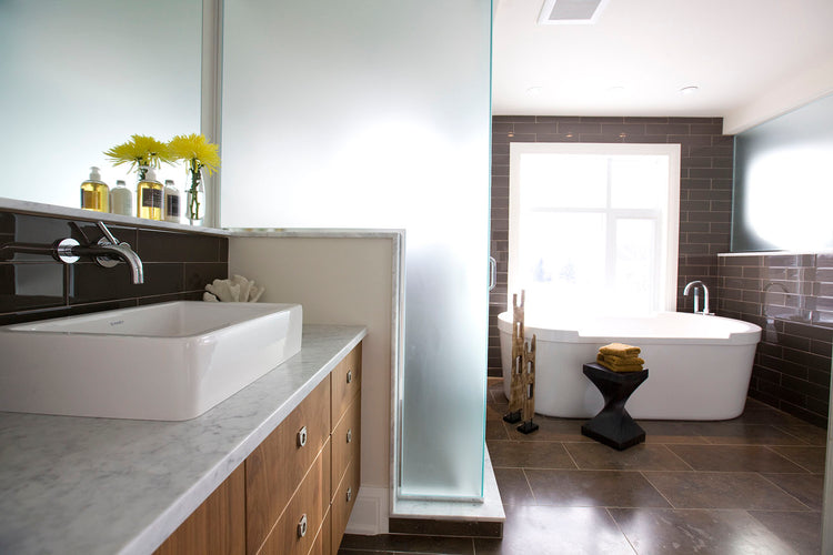 Modern bathroom with a vessel sink vanity, frosted glass divider, and freestanding tub by a bright window.