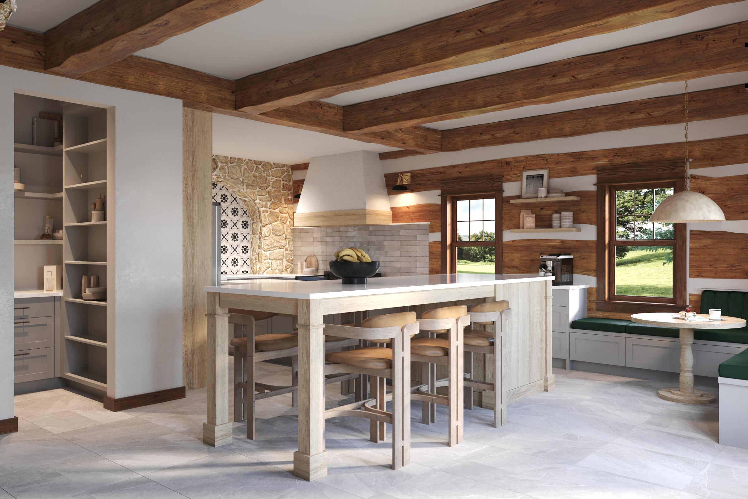 Modern kitchen with wooden beams and a large island.