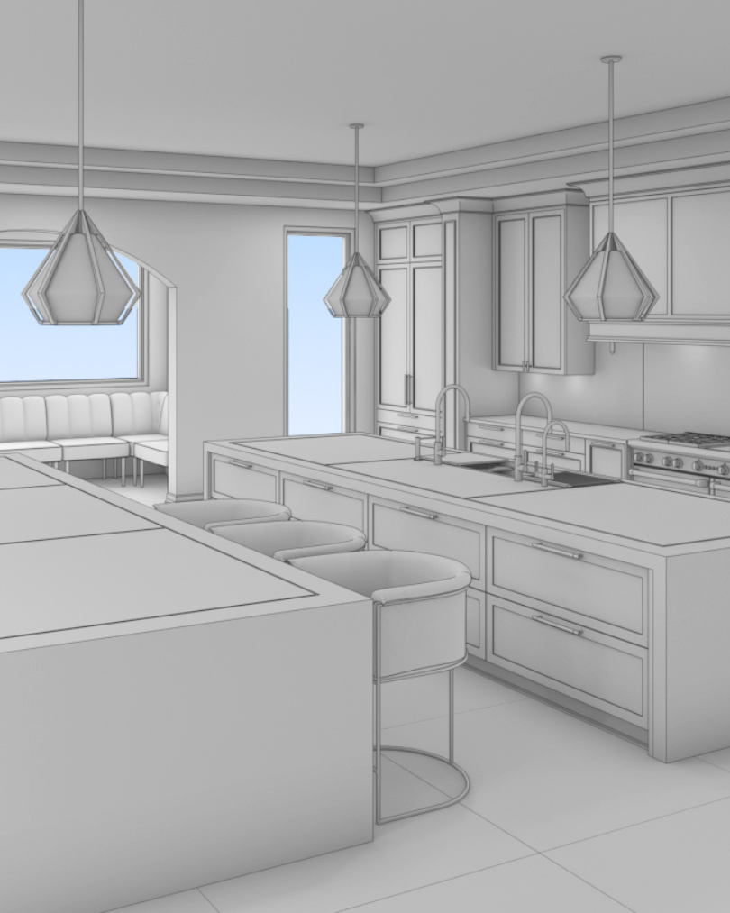 3D kitchen design rendering with a large island, pendant lighting, and detailed cabinetry layout.