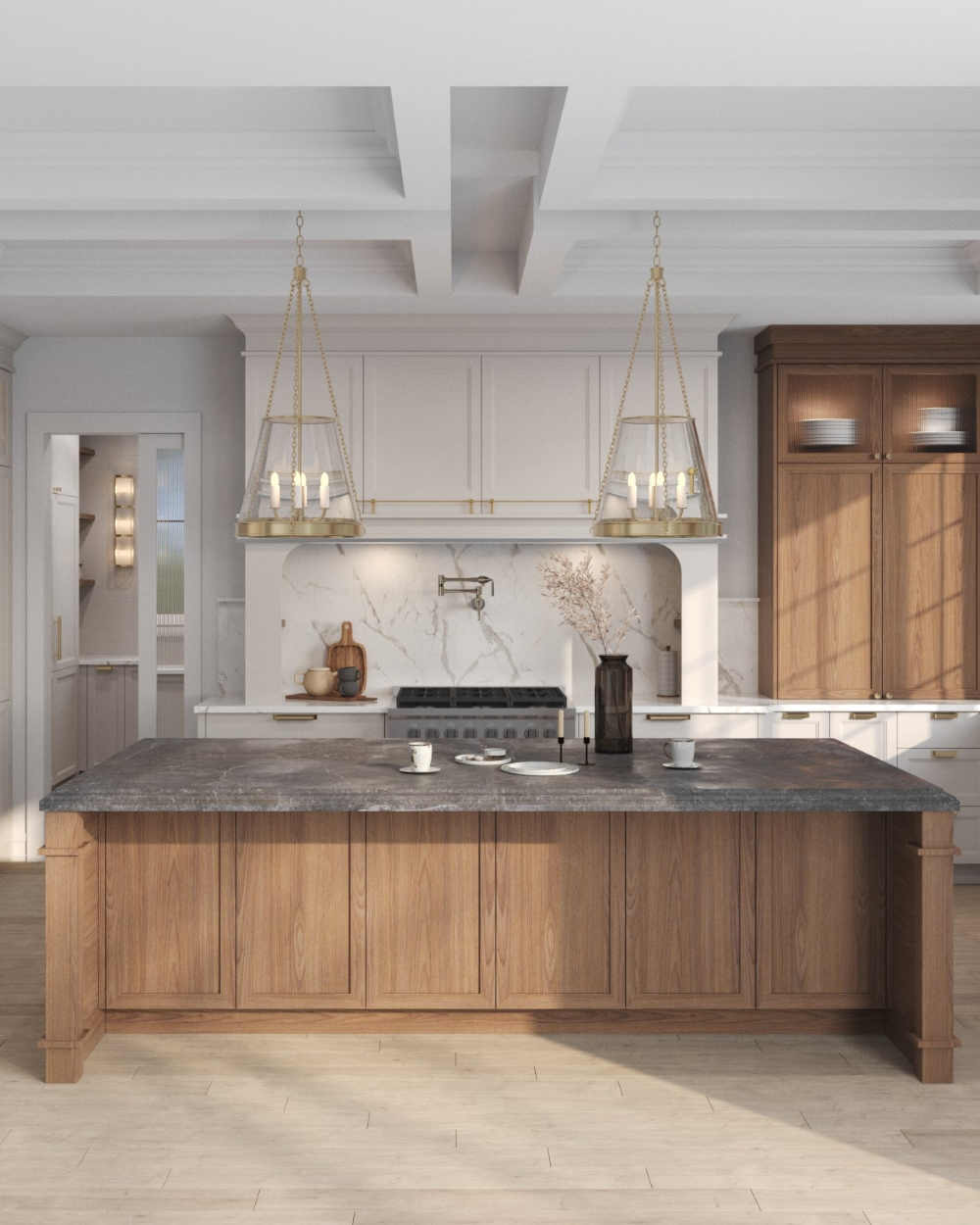 Modern kitchen with wooden island and pendant lights
