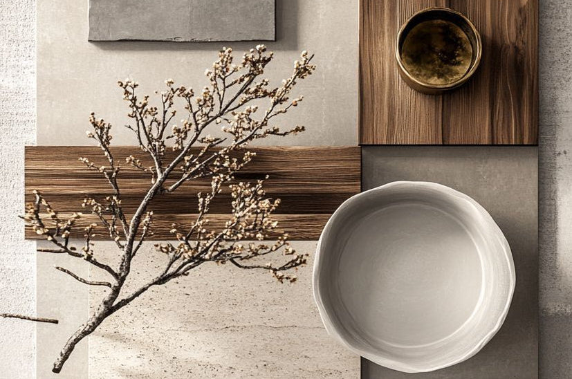 Decorative setting with a branch, bowl, and wooden elements on a neutral background
