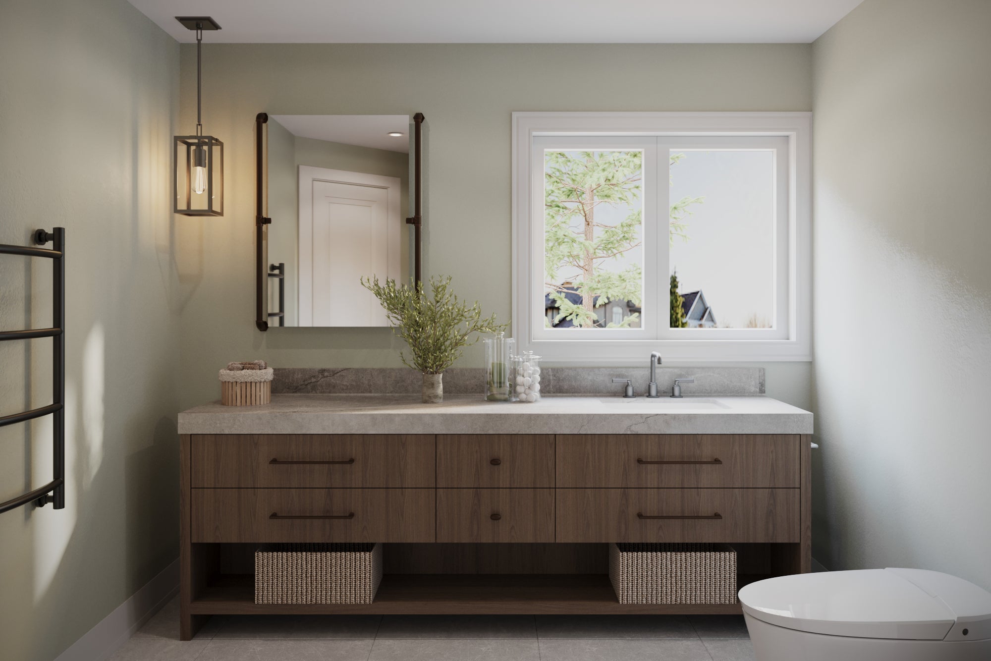Modern bathroom with wooden vanity, mirror, and window