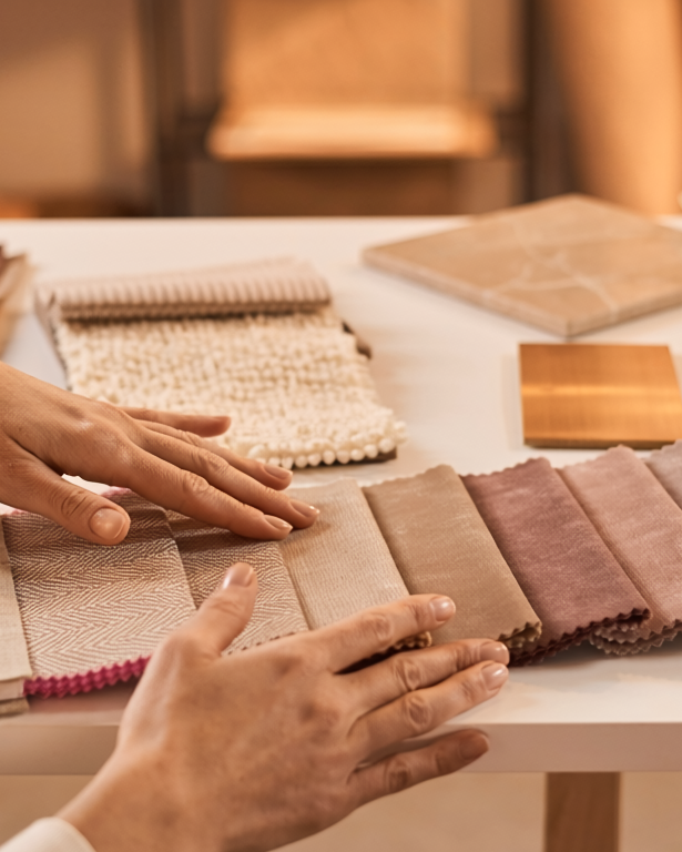 Person touching fabric swatches on a table with a blurred background