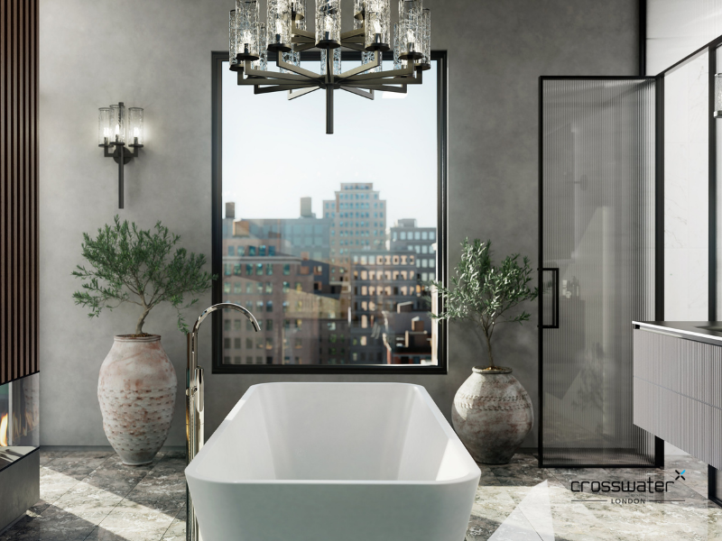 Modern moody bathroom with white tub in the middle