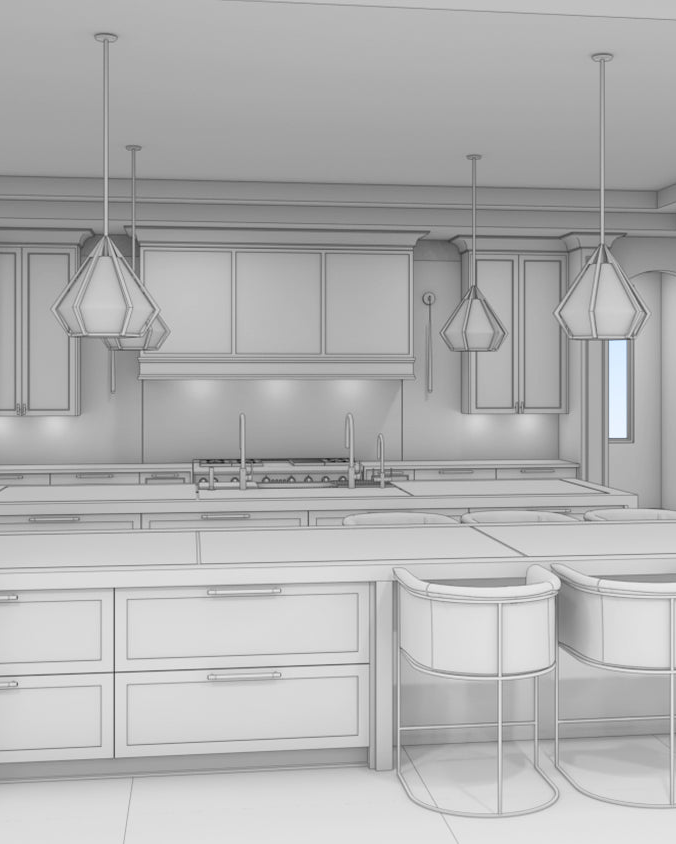 4:5 Image Size of Line drawing of a modern kitchen with island, cabinets, and pendant lights.